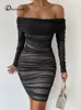 Dressmecb z siatki na ramię dres ubranie seksowne klub bez pleców rucheced bodycon sukienki z długim rękawem jesienne vestidos 240323