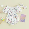 Kläderuppsättningar född baby flicka 4 juli outfit amerikansk flagga smockad bubbla romper kort ärm Ruched bodysuit med pannband