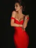 Midi Bandage Dres Robe de soirée rouge moulante élégante sexy en forme de V Spaghetti Strap Soirée Anniversaire Club Tenue 2023 Été 240319