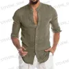 Men's T-Shirts Mens Fashion Casual Solid Color Shirt Button Linen Cotton Comfortable Daily Top Long Slve Shirt T240325