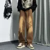 Brown Pants, Men's Loose Fitting Straight Leg Hip-hop Versatile Distressed Pants Design, Inset American High Street Jeans