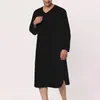 men V-Neck Linen Robe Roll Up Short Sleeve Solid Lg Night Gown Casual Loose Shirt Kaftan Thobe with Pocket v8iX#