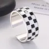 Cluster Anéis Vintage Punk 925 Sterling Silver Esmalte Preto Branco Checkerboard Aberto para Mulheres Presentes de Aniversário Atacado