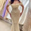 Lusso Champagne Abito da sera Prom Dubai Arabia 2024 Donne Perle In rilievo Paillettes Sirena Abiti da cerimonia di compleanno Robe De Soiree