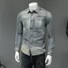 Printemps Automne Rétro Jeans Veste Chemises Pour Hommes Vêtements Bomber Aviator Moto Revers Lg Manches Denim Chemise Cowboy Outwear a4IB #