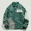 Hip Hop Distressed denim Jacket Men Vintage Harajuku Patchwork Cowboy Coats Streetwear Casual Loose Varsity Jackets Unisex Green 240314