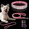 Set Guinzaglio regolabile per collare per cani in pelle scamosciata regolabile Set morbido strass Cani di piccola taglia media Collari per gatti Guinzagli da passeggio Rosa XS S M