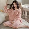 Dames Nachtkleding Jacquard Warme Pyjama Herfst Winter Dikker Flanel Nachthemd Koraal Fleece Meisjes Zoete Strik Lange Mouw Nachtkleding Nachtjapon