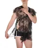 Clever-Menmode Lace Robe Leisure Men Nightwear Pyjamas Se genom sexiga djupa V-ringningsbadrobes Nightgown Homewear M571#