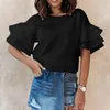 Women's Blouses Women Daily Summer Shirts Round Neck Solid Tops Elegant Bell Short Sleeve Workout Shirt Casual Tunic For To Wear