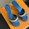 Femmes Kitten Talon Designer Slippers Runway 2024 Printemps d'été Nouveau Arrivée de haute qualité Denim Femelle High Talon Mules à l'extérieur Wear Daily Daily Robe Swippers