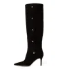 Классические черные замшевые сапоги до колена с острым носком и пуговицами, декор на тонком каблуке-трубке, женские модные сапоги до колена, размер 46
