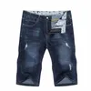 Calças de brim masculinas curtas marca rasgado biker jeans homens shorts calças jeans elástico azul escuro streewear desgastado slim fit pantal homme jean b0vS #