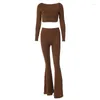 Strandbedekking voor dames vakantie-outfits 2024 Winter effen kleur lange mouwen Bell Bottoms tweedelige set spandex-kleding