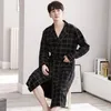 Casual Plaid Men LG Nightgown Kimo Bathrobe Gown Cott V-Neck Intime Lingerie LG Sleeve Spa Robes Sleepwear For Male H8sy#