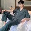 summer Ice Silk Pajamas Men's Pants Short Sleeve Home Wear Spring Sleepwear Set Female Breathable Satin Nightwear Gentlemen E5EJ#