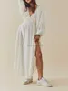Roupa de banho feminina nova moda feminina vestido de manga comprida com decote em v renda splice trabalho solto balançando vestido festa pele amigável S-XL 240326