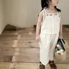 Humor Bear Summer Girls Clothes Set Sleeveless Embroidery VestWide Leg Pant 2Pcs Toddler Korean Style Kids 240325