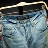 Chinese Stijl Borduren Denim Shorts Mannen Fi Gat Gescheurd Slanke Retro Blauw Wo Korte Jeans Mannelijke Straat Knielange broek E42g #