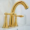 Banyo lavabo musluk cilalı altın renkli pirinç güverte monte çift tutamaklar yaygın 3 delikli musluk mikser su musluklar mgf020