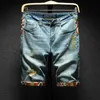 Chinese Stijl Borduren Denim Shorts Mannen Fi Gat Gescheurd Slanke Retro Blauw Wo Korte Jeans Mannelijke Straat Knielange broek E42g #