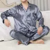 men Two-piece Pajamas Elegant Satin Men's Pajamas Set with Lapel Patch Pocket Soft Wide Leg Homewear for Fall Spring Sleepwear B7dW#