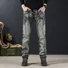 Alta qualidade 2022 vintage fi denim jeans reto designer azul high-end locomotiva motociclista emenda dobra primavera calças masculinas m3wa #