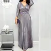 Elegant Party Dresses For Women Low Cut Sequined Gown Dress With Belt Nine Point Sleeve Ruffle Hem Flowy Long Dress Plus Size 240321