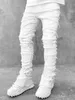 Uitgerekt Wit Heren Gestapelde Jeans High Street Hip-Pop Broek Voor Mannelijke Patchwork Kwastje Beschadigd Volledige Lengte Denim broek J20h #