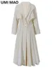 UMI MAO Womens Beige Pleated Linen Long Elegant Dress With A Lapel Collar And Loose Neckline Suitable For Fashion Trends 240321