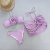 Kvinnors badkläder 3st/set sexig kvinnor bikini set sommar fast färg halter bandeau bh hög midja trosor 3d blommor dekor täcker kjol