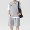 Men's Tracksuits Casual Two-piece Outfit Set Sport With Hooded Drawstring Top Elastic Waist Shorts Waffle For Active