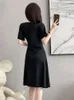 European Casual 2023 New Waistband Slimming Tea Break French Mid Length Black Dress for Women in Summer