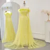 Fjädrar Sharon Sage Mermaid Dubai sa att gröna aftonklänningar med Cape ärmar rosa gula bröllopsfestklänningar SS215