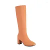 Botas Acrílico Stretch Tecido Brilhante Laranja Verde Violeta Cor Meias Botines Mulheres Sapatos Bloco Alto Salto Joelho-Alto Sexy Stretchy