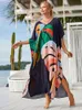 2024 Boho Printed Kaftan Summer Clothing Women PlusサイズVネックバットウィングスリーブビーチウェアカバーアップマキシドレスローブQ1476 240315