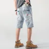 Été Denim Shorts Jeans Hommes Hip Hop Peinture Streetwear Ripped Short Jeans Mâle Patchwork Bleu Clair Stretch Jeans Longueur Au Genou w0io #