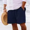 Herren-Sommershorts aus Baumwolle und Leinen mit Kordelzug, elastischem Bund, geradem Bein, einfarbig, atmungsaktiv, tägliche Strand-Caprihose q3LG#