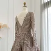 Arabic Sharon Long Said Elegant Sleeve Evening Dress V-Neck Dubai Crystal Muslim Plus Size Women Wedding Party Gown Ss050