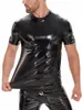s-5xl Shiny Faux PU Leather Short Sleeve Wet Look PVC T Shirt Men Hip Hop Tshirt Tights Sexy Hot Shapers Muscle Bodybuilding Top 78Sw#
