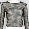 Débardeurs pour femmes Camis YUZHEXI été Transparent maille Camo haut à manches longues O-Leading vert T-shirt 24326