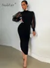 Nadafair mesh puff långärmad klänningar sexiga bodycon kvinnor faller vinter svart fest midi klänning varm elegant monterad klubb slits 2023 240315