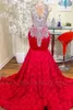 Luxury Red Prom -klänningar med vita kristaller pärlor applikationer sexiga ren juvel hals sjöjungfru ruffles spetsblommor långa aftonklänningar vestidos de bal bc15853