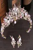 Couronne de mariée de luxe avec cristaux de strass, couronne de reine de mariage royale, princesse en cristal baroque, diadèmes de fête d'anniversaire, boucle d'oreille rose Gol7304956