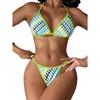 Kvinnors badkläder 2024 Tryck 2 -stycken Bikini Summer Beach Vacation Light Green V Neck Suspender Backless Thong Bathing Suit