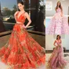 Crop Top Senior Prom Dress Print Floral 2-Piece Ruffle Tulle Winter Spring Formal Evening Cocktail Gala Party Pageant Red Carpet Runway Hoco Gown Orange Pink Tie-Back