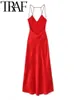 TRAF 2024 여성 패션 소매 소매 등이없는 고삐 드레스 캐주얼 슬림 한 부드러운 새틴 미디 미디 미디 롱 드레스 전