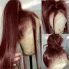 Перуанский бордовый красный парик фронта шнурка 99J Красный цвет кости Прямой 360 парик фронтальной части шнурка Человеческие волосы Предварительно сорванные Прозрачные кружева hd