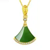 Pendant Necklaces Pure Gold New Gold Green Jade Marrow Small Skirt Pendant for Womens Internet Celebrity Fashion Fan Necklace Pendant JewelryC24326