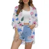 Mulheres Swimwear Mulheres Retro Floral Chiffon Camisa Fresca e Simples Camisa de Proteção Solar Solta Xaile Kimono Cardigan Boêmio Top Sexy Jaqueta Kimono Top 240326